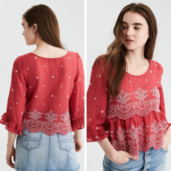 American Eagle Outfitters Tops - American Eagle Coral Embroidered Bell Sleeved Top
